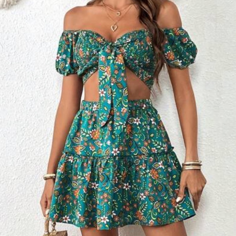 (Never Worn) Floral Print Off Shoulder Knot Crop Top & Ruffle Hem Skirt